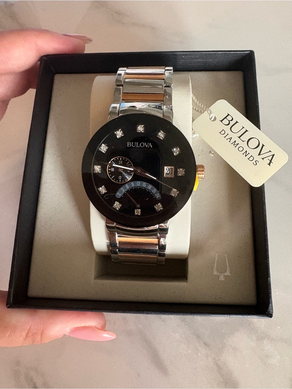 Bulova Unisex Diamonds Black Dial Two Tone Bracelet Watch 98D129